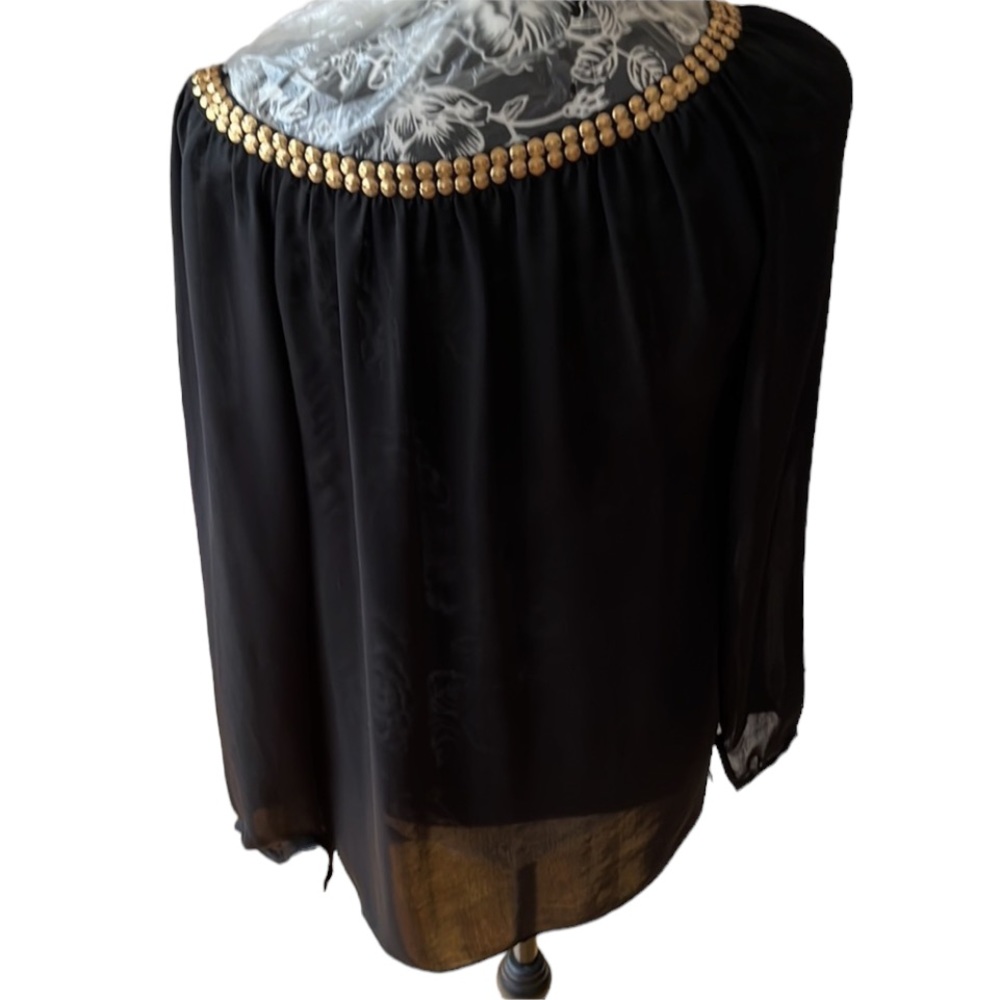 Micheal Kors size XL black semi sheer pheasant top long sleeve gold studs - Picture 2 of 13